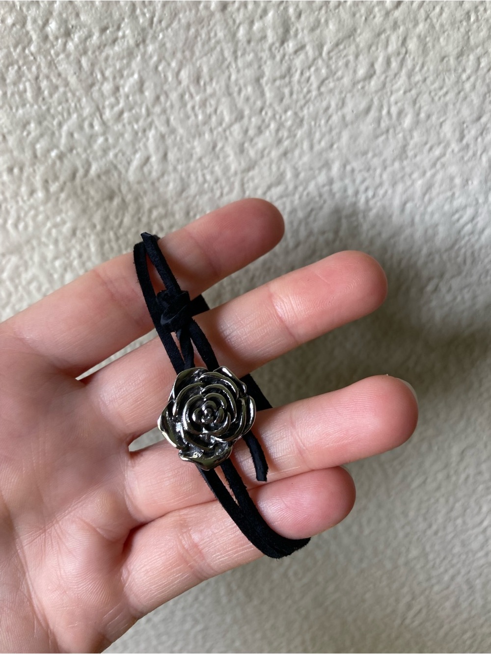 Silver Tone Rose Pendant Black Suede Wrap Bracelet/Choker Necklace
